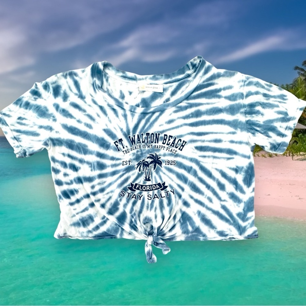 Ocean Drive Size L Ft Walton Beach Blue/White Tie Dye Tee w/Tie Front